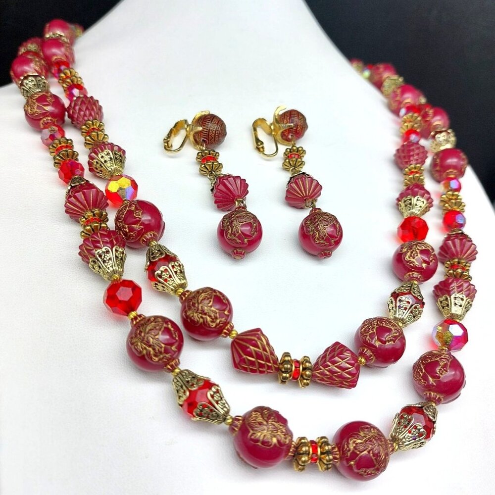 Vintage Red Carved Resin Cameo Double Strand Necklace & Clip-On Shoulder-Duster